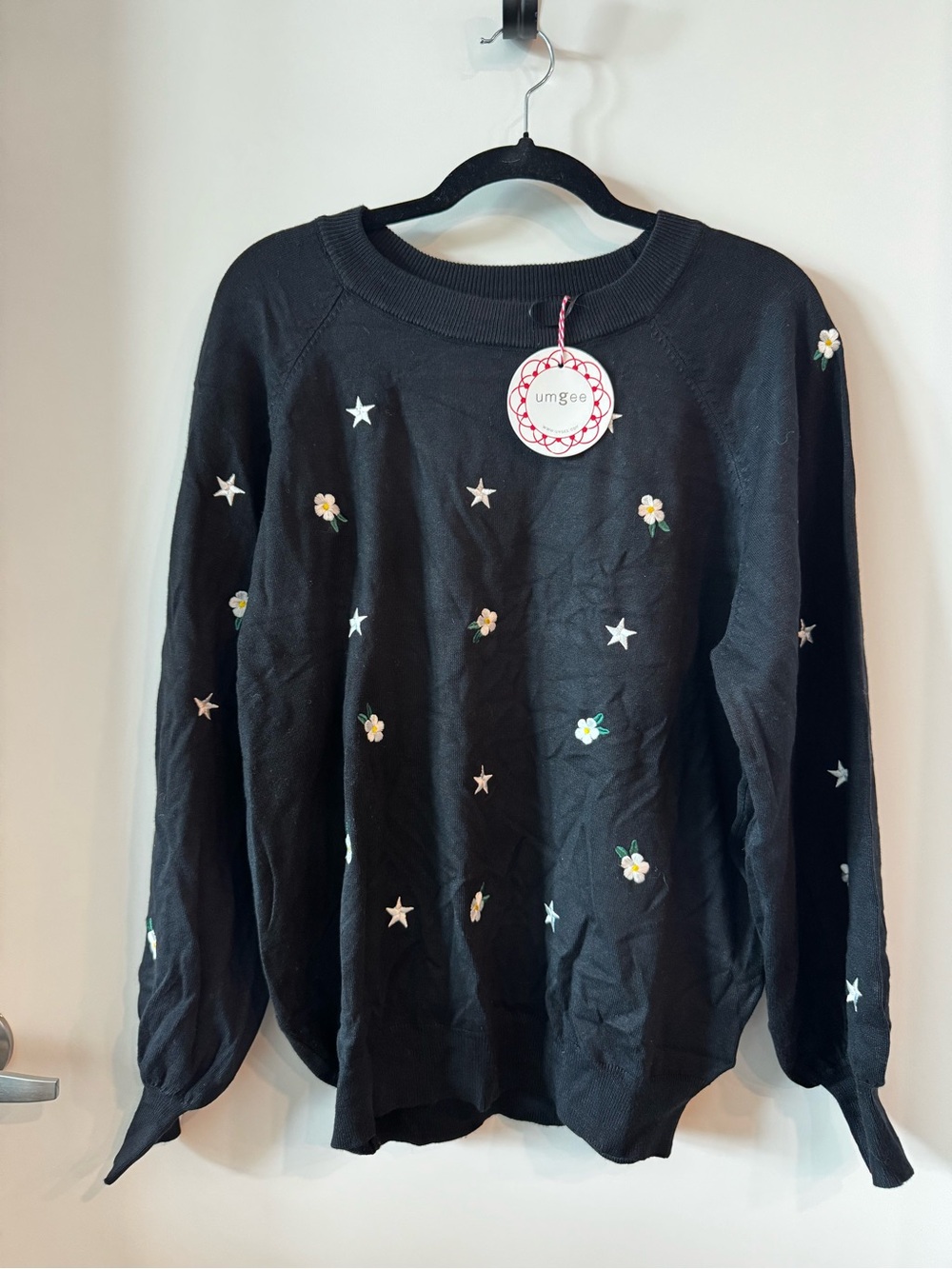 Umgee Black Crewneck Sweater with Embroidered Stars & Daisies